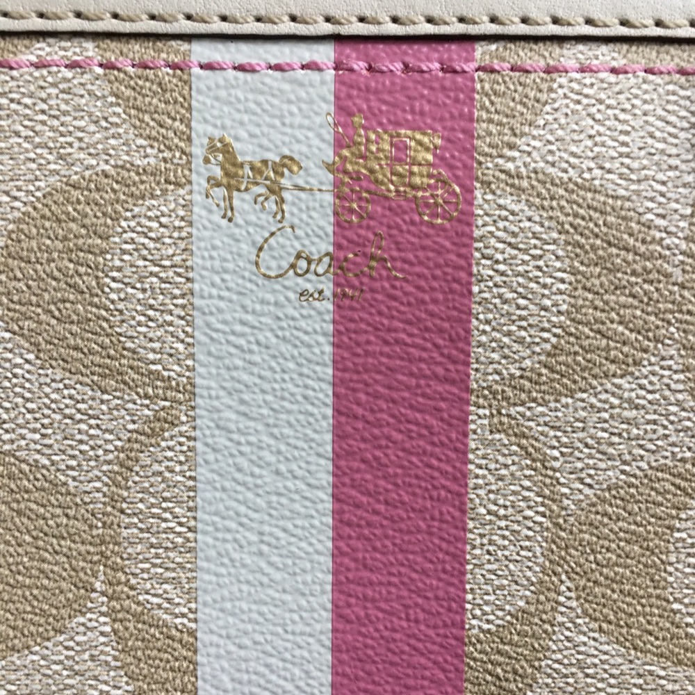 Coach Heritage Accordion Wallet Stripe Signature Tan Pink Monogram Canvas Zip - Picture 6 of 10